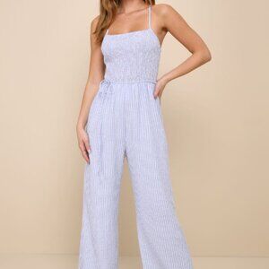 Lulu's Endearing Impression Blue and White Striped Lace-Up Jumpsuit